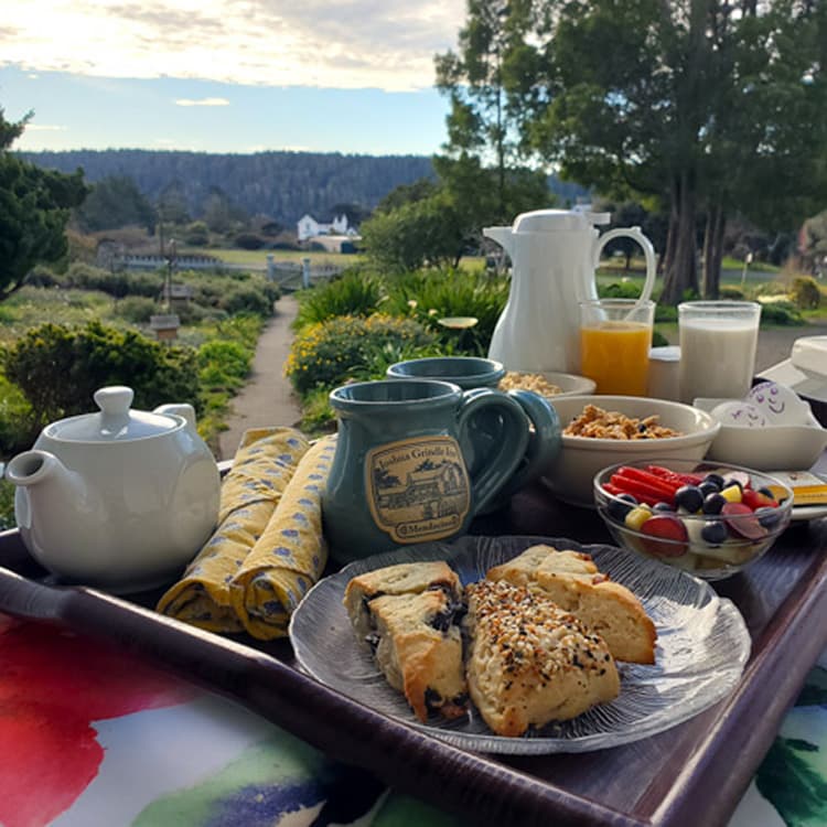 A breakfast tray featuring a teapot, mugs, pastries, fruit, and juice, set against a serene outdoor view.